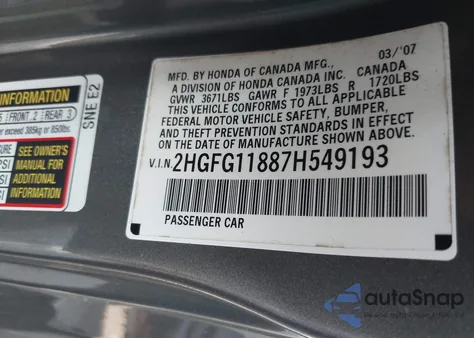 2007 Honda Civic Ex from USA, damaged, VIN 2HGFG11887H549193